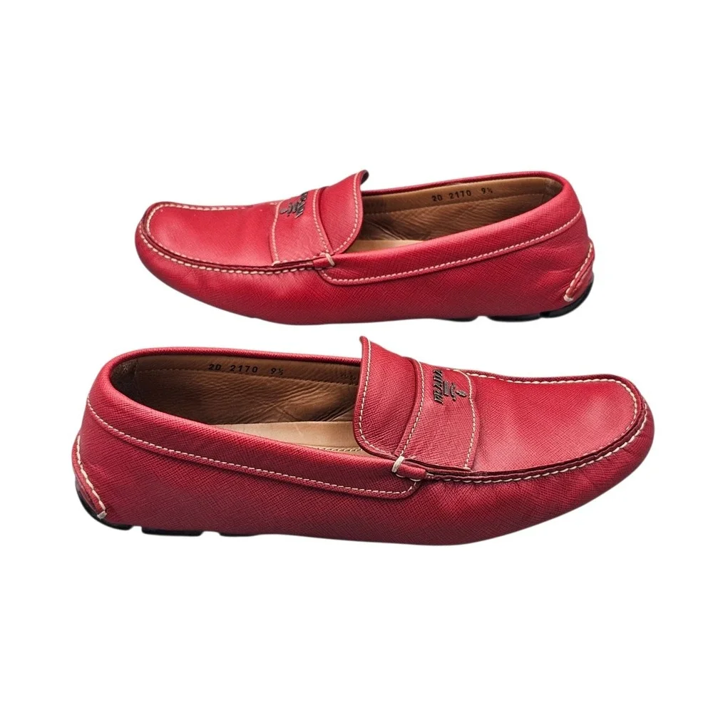 PRADA Men's Size 10.5 US EUC Red Leather Driving Loafers Drivers Shoes W Box &..